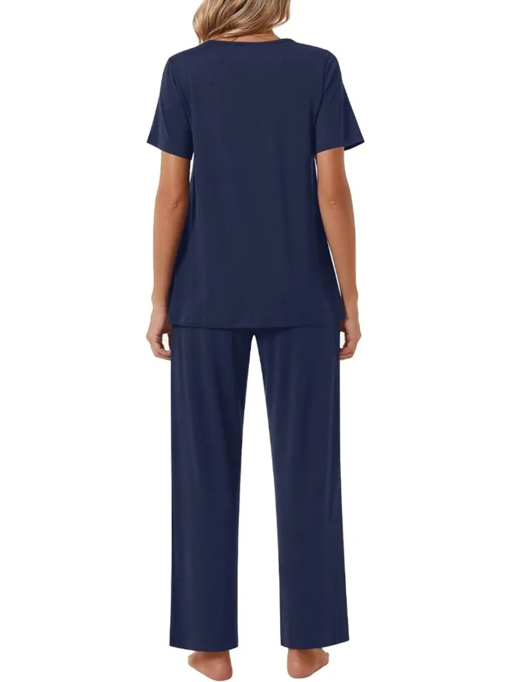 Women's Navy Blue Flowers Loungewear 2 Piece Pajama Sets Sleepwear with Pockets